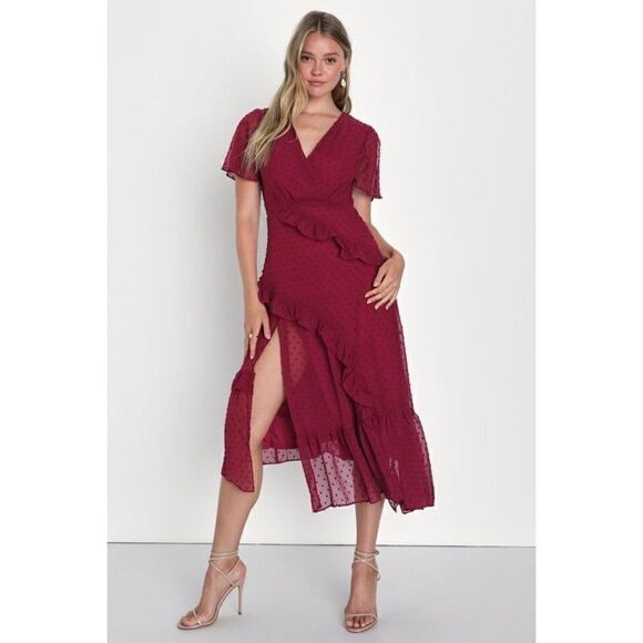 Lulus Next to You Plum Swiss Dot Ruffled Midi Dress - Picture 1 of 8